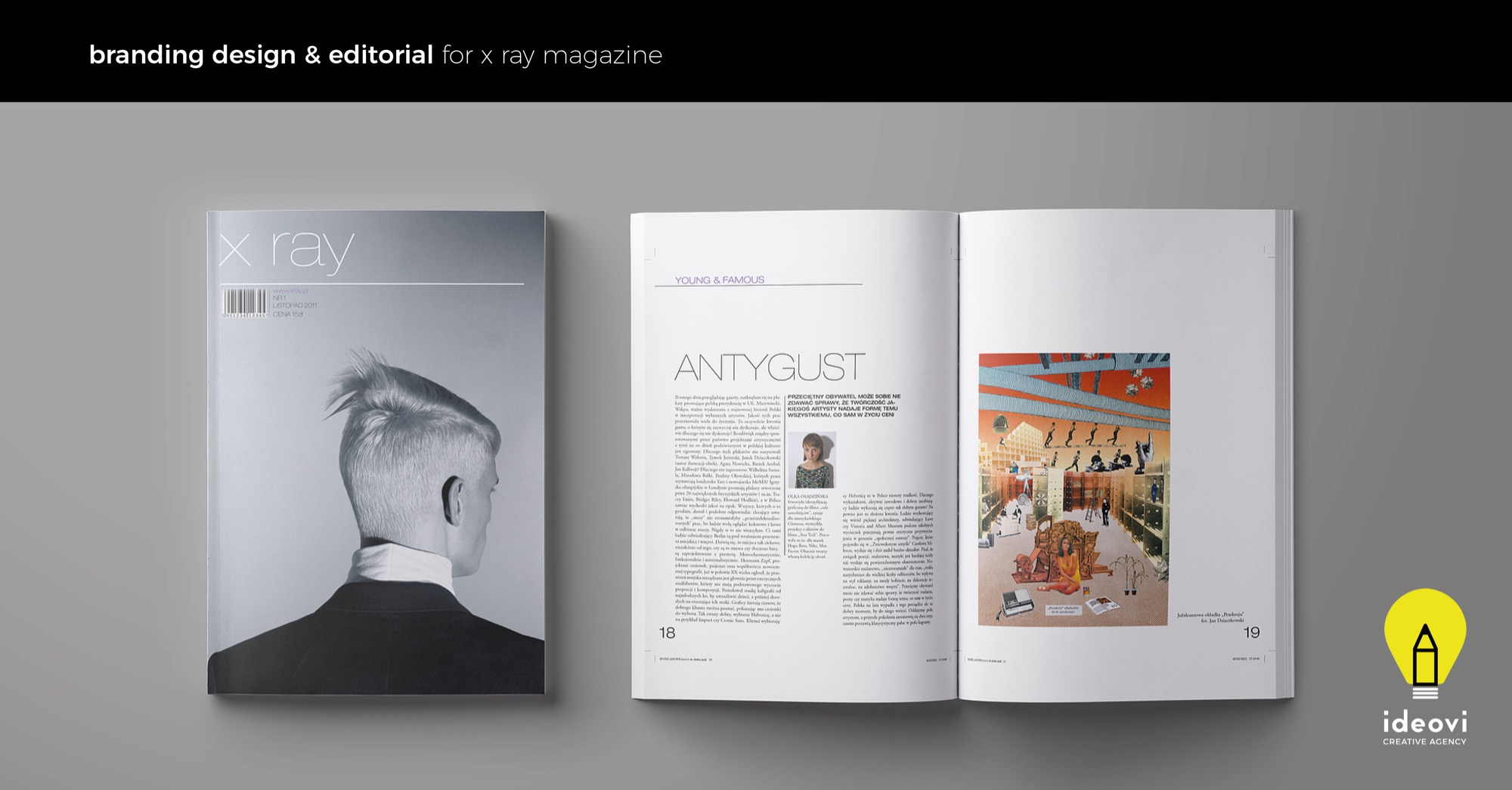 Rozkładówka magazynu 'X Ray' z okładką prezentującą czarno-białe zdjęcie mężczyzny w garniturze i z charakterystyczną fryzurą, obok otwarta strona z tekstem i kolażem graficznym, całość...