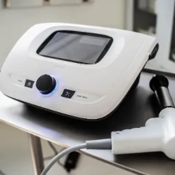 Białe urządzenie do terapii z ekranem dotykowym i aplikatorem na metalowym stoliku, widoczne przyciski i pokrętło z niebieskim podświetleniem, w tle szafka z szufladami.