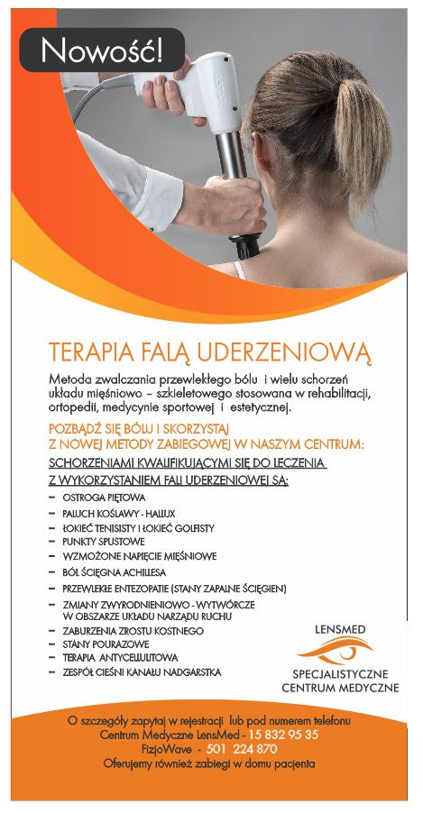 Plakat reklamowy terapii falą uderzeniową z użyciem urządzenia przykładanego do szyi pacjentki, widoczne logo centrum medycznego LensMed.