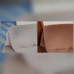 Porównanie zagłówka beżowej kanapy przed i po czyszczeniu, widoczne wyraźne usunięcie plam i zabrudzeń.