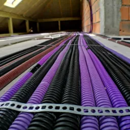 Równolegle ułożone, kolorowe rury karbowane (czarne, fioletowe, brązowe) prowadzone po podłodze poddasza w trakcie instalacji elektrycznej, mocowane metalową listwą z otworami.