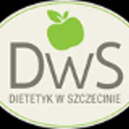 Logo firmy DWS Dietetyk w Szczecinie z zielonym jabłkiem w tle, umieszczone w owalnej ramce.