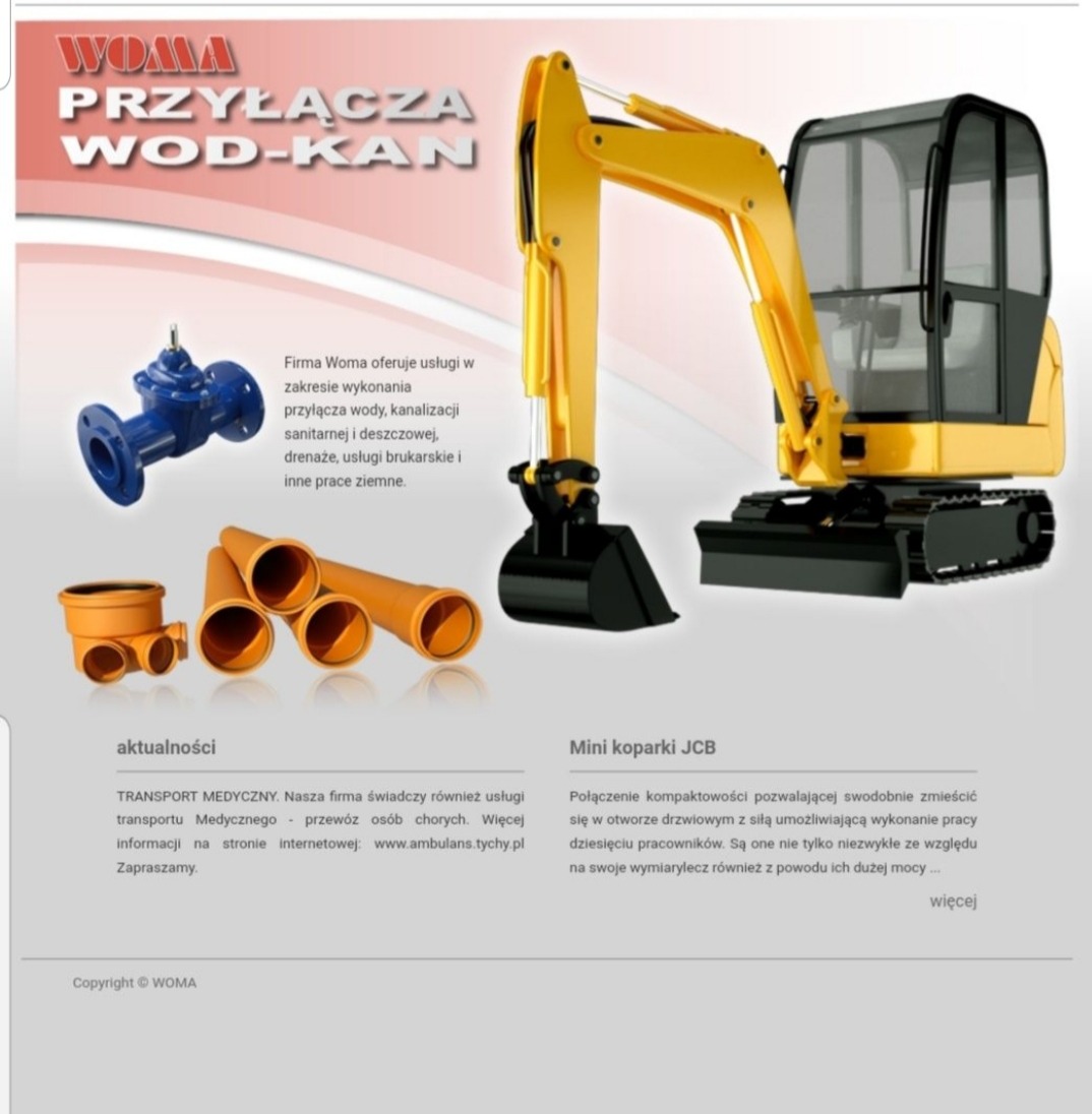 Grafika reklamowa firmy WOMA prezentująca minikoparkę JCB, zawór wodny, rury kanalizacyjne pomarańczowe oraz logo firmy, oferującej usługi w zakresie przyłączy wodno-kanalizacyjnych, drenażu...