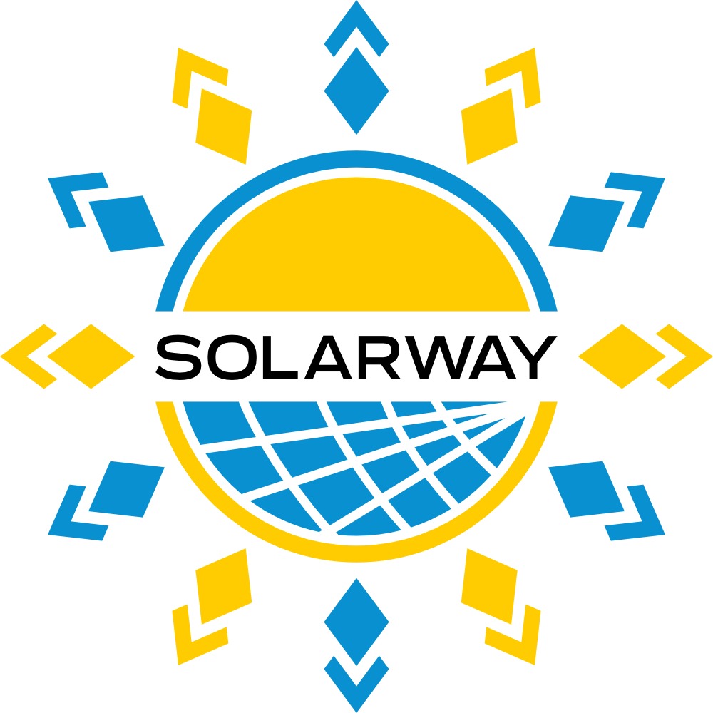 Logo firmy Solarway z motywem słońca i siatki paneli w kolorach żółtym i niebieskim.