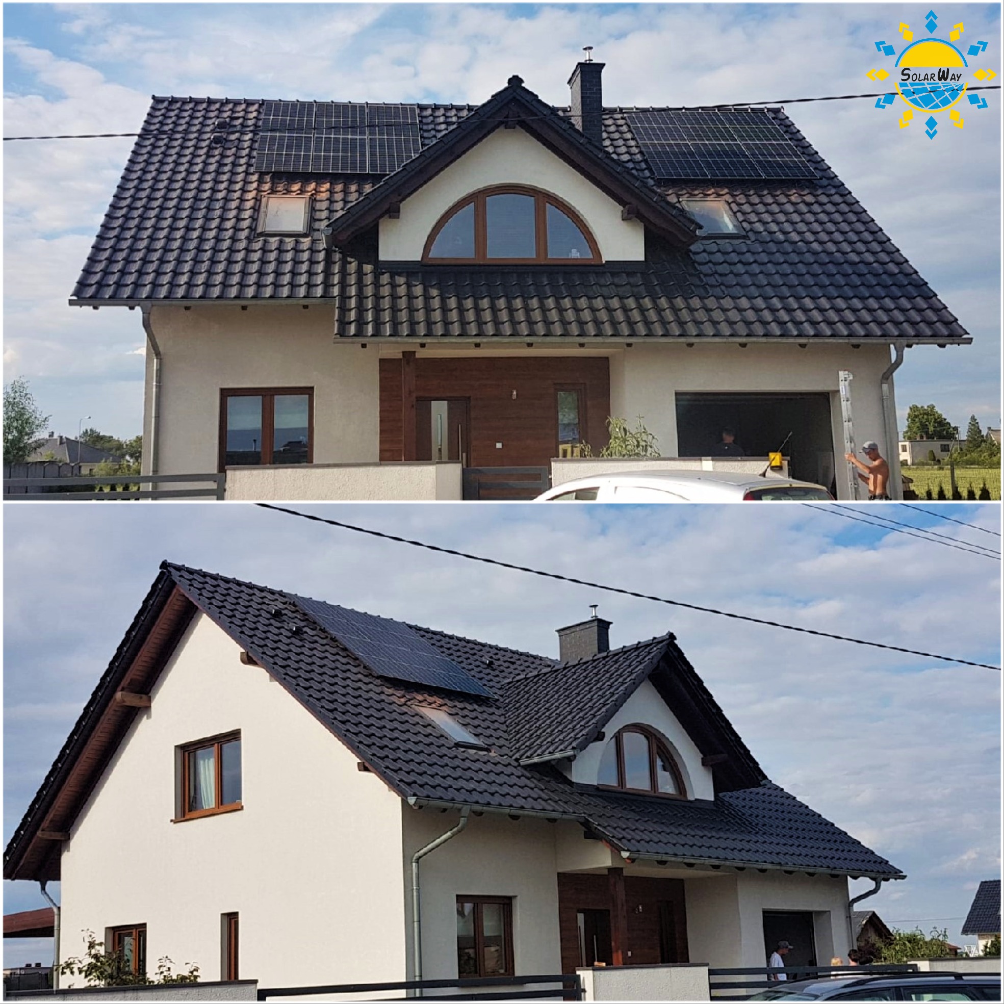 Dwukondygnacyjny dom jednorodzinny z ciemną dachówką i panelami słonecznymi na dachu. Na pierwszym planie widoczny fragment garażu z osobą w środku oraz pracownik z drabiną.