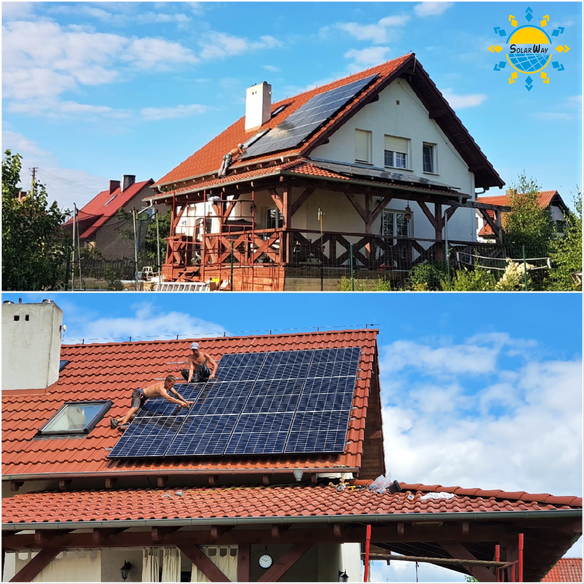 Montaż paneli słonecznych na dachu domu z czerwoną dachówką, widoczni dwaj monterzy pracujący na dachu, narzędzia i osprzęt obok paneli, logo firmy SolarWay w prawym górnym rogu.