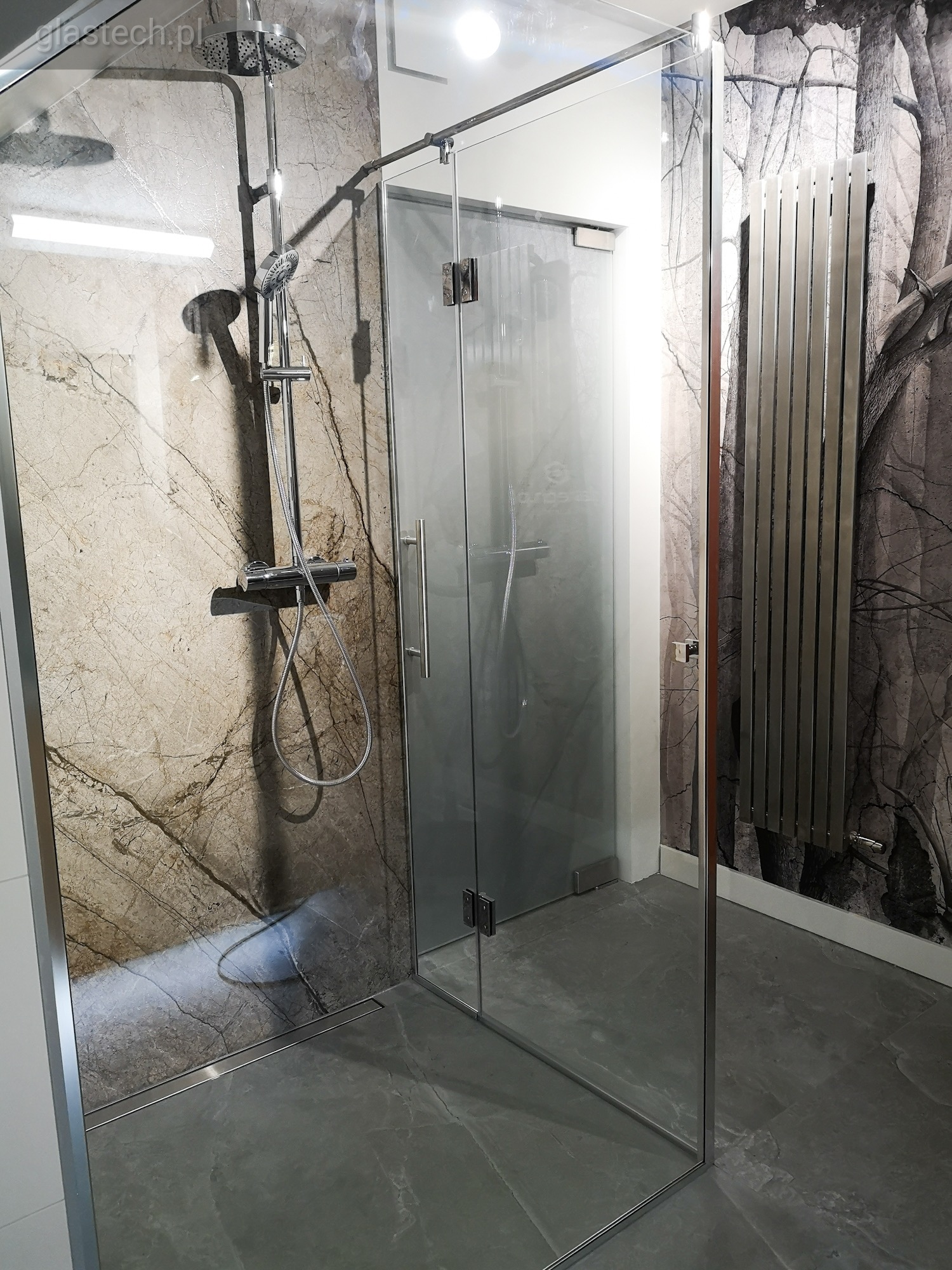 Nowoczesna kabina prysznicowa ze szklanymi ścianami i chromowanymi okuciami, widoczny odpływ liniowy w podłodze i dekoracyjna ściana z motywem drzew