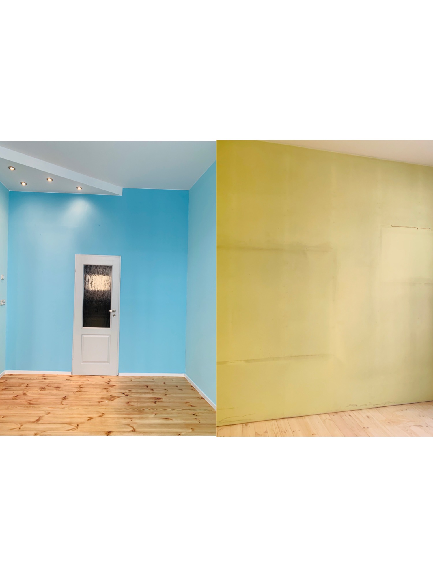 Porównanie stanu pokoju przed i po remoncie: ściana pomalowana na jasny błękit z drewnianą podłogą i białą stolarką drzwiową po lewej, oraz ściana po szpachlowaniu na żółto po prawej, z widocznymi...