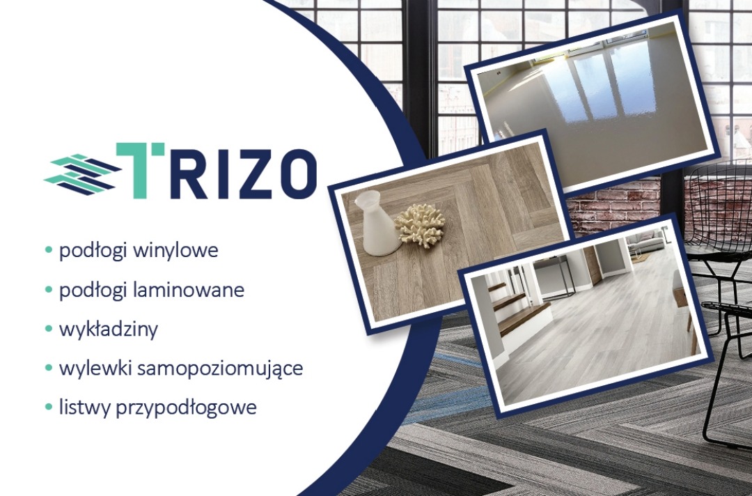 Kompozycja zdjęć prezentujących różne rodzaje podłóg: wylewka samopoziomująca z połyskiem, parkiet ułożony w jodełkę z dekoracją, podłoga laminowana przy schodach, na tle logo firmy TRIZO i tekstu...