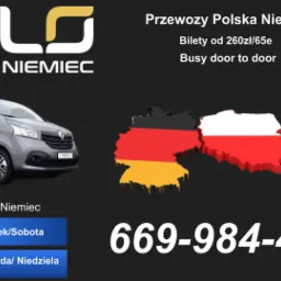 Szary bus marki Renault Trafic na tle grafiki z mapami Polski i Niemiec w barwach narodowych, oferta przewozów z Polski do Niemiec, numer telefonu.