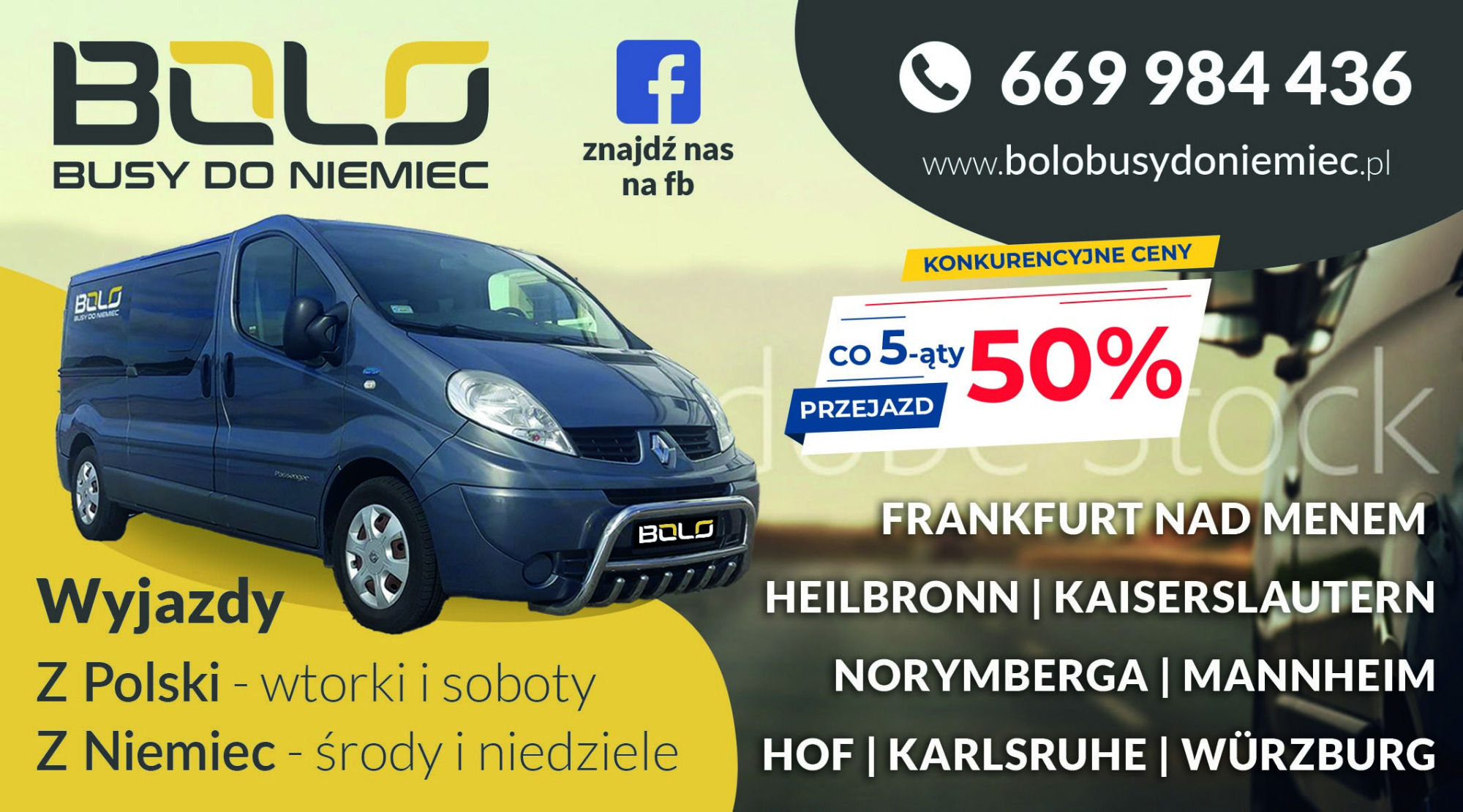 Reklama firmy przewozowej oferującej busy do Niemiec, prezentująca niebieskiego busa na tle grafiki z informacjami o wyjazdach z Polski i Niemiec oraz miastach docelowych.