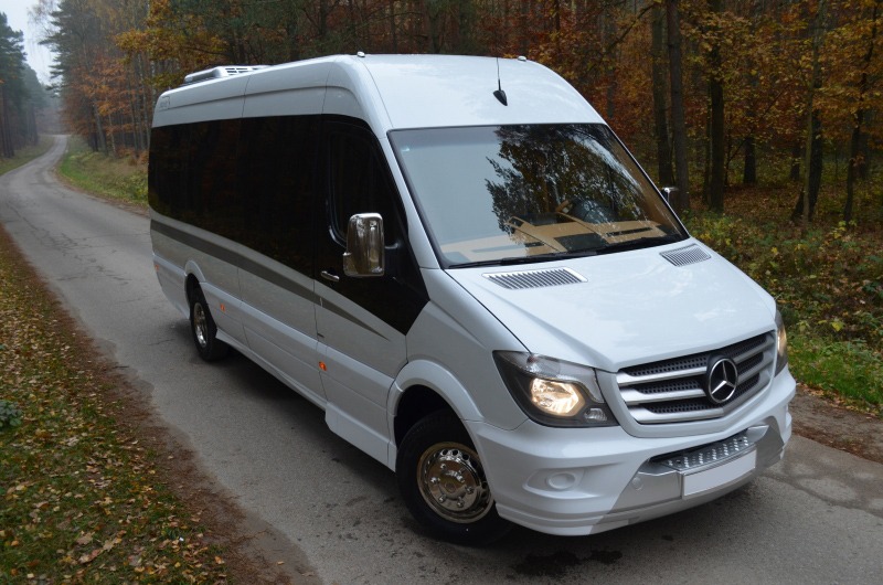 Biały, luksusowy bus Mercedes-Benz Sprinter z przyciemnianymi szybami i chromowanymi elementami, zaparkowany na asfaltowej drodze w jesiennym lesie.