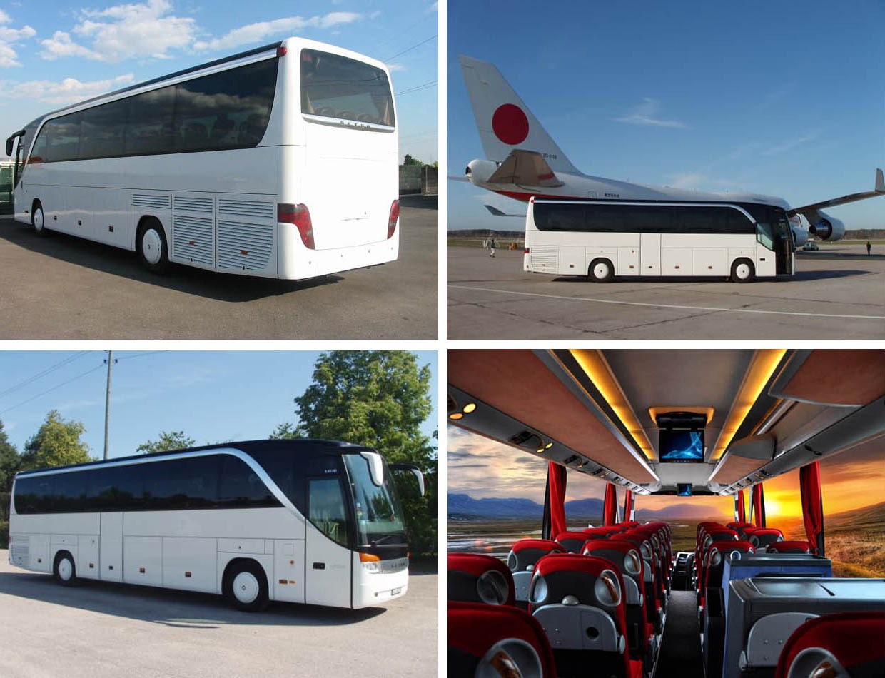 Kolaż czterech zdjęć: tył białego autobusu na parkingu, biały autobus na lotnisku z widocznym samolotem, biały autobus na tle drzew, wnętrze autobusu z czerwonymi siedzeniami i ekranem.