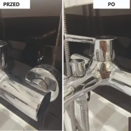 Porównanie stanu baterii umywalkowej przed i po czyszczeniu, widoczne osady i kamień usunięte, z logo firmy sprzątającej w prawym dolnym rogu.