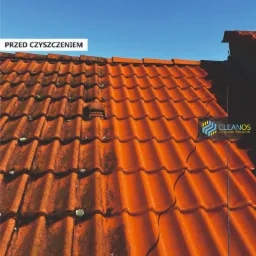 Czerwona dachówka ceramiczna częściowo pokryta mchem i zabrudzeniami, kontrastująca z czystą powierzchnią po prawej stronie, na tle błękitnego nieba. Widoczny napis 'PRZED CZYSZCZENIEM' i 'PO...