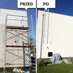 Porównanie elewacji budynku przed i po myciu: po lewej brudna ściana z rusztowaniem, po prawej czysta, biała ściana z zamontowaną drabinką i zabezpieczonymi elementami na trawniku.