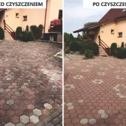 Porównanie stanu kostki brukowej przed i po czyszczeniu, widoczne różnice w kolorze i czystości, z zaznaczeniem efektu hydrofobowego na czystej powierzchni.