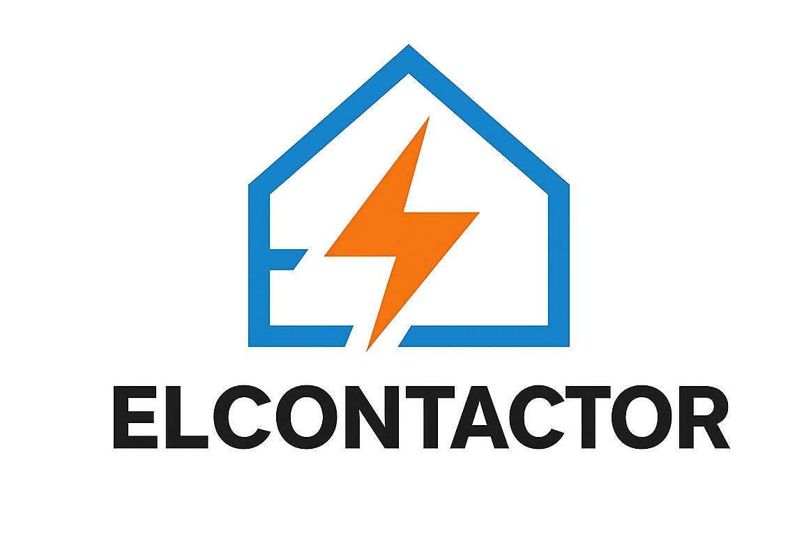 Logo firmy ELCONTACTOR: niebieski obrys domu z błyskawicą w środku, poniżej nazwa firmy czarną czcionką na białym tle. Minimalistyczny design.