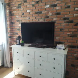 Ceglana ściana w salonie z białą komodą, na której stoi telewizor Samsung, lampion i książki; widoczna czarna lampa sufitowa.