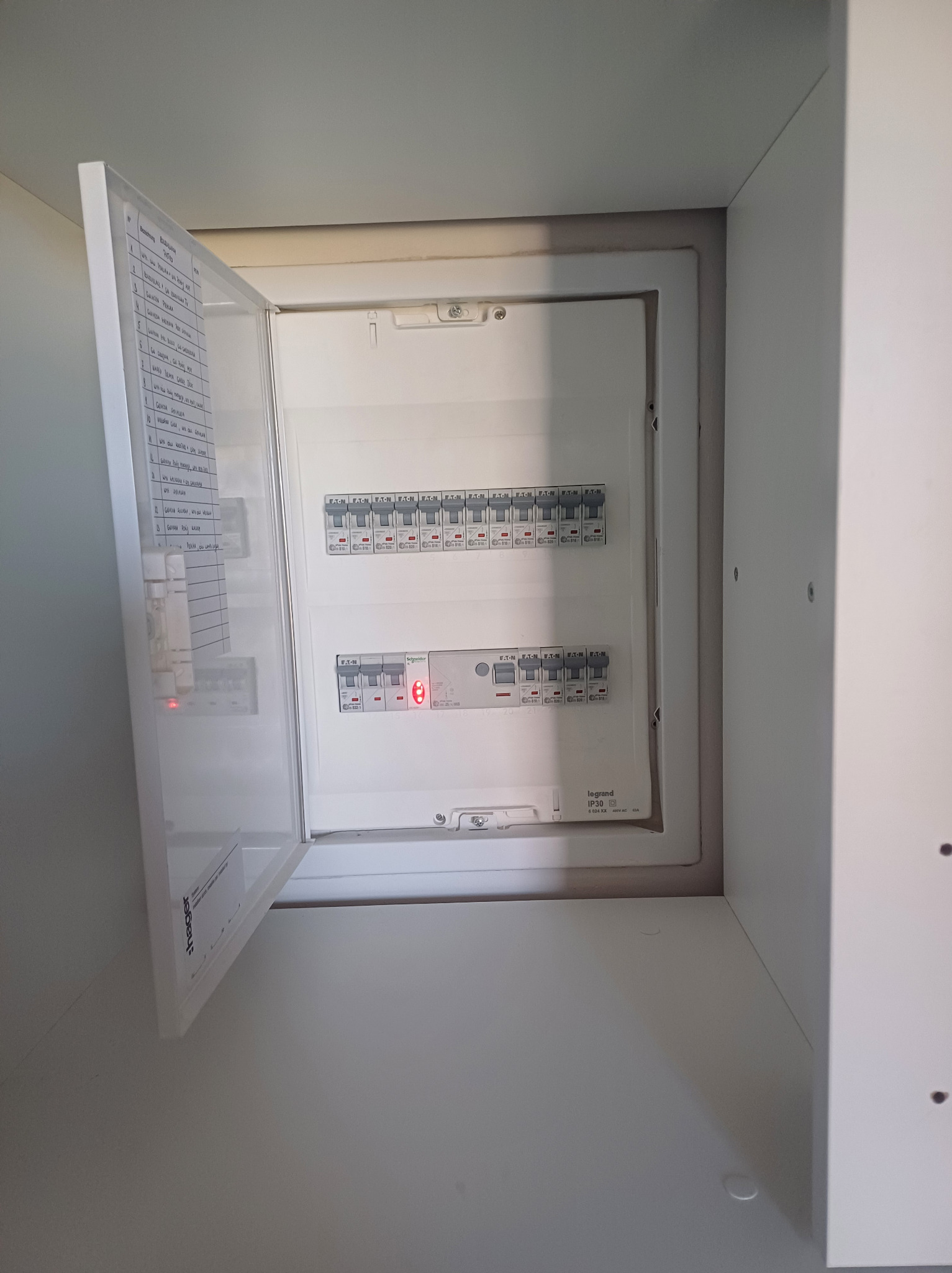 Otwarta biała skrzynka elektryczna z listą obwodów na drzwiach, widoczne bezpieczniki i wyłączniki, jeden wyłącznik z czerwoną diodą.