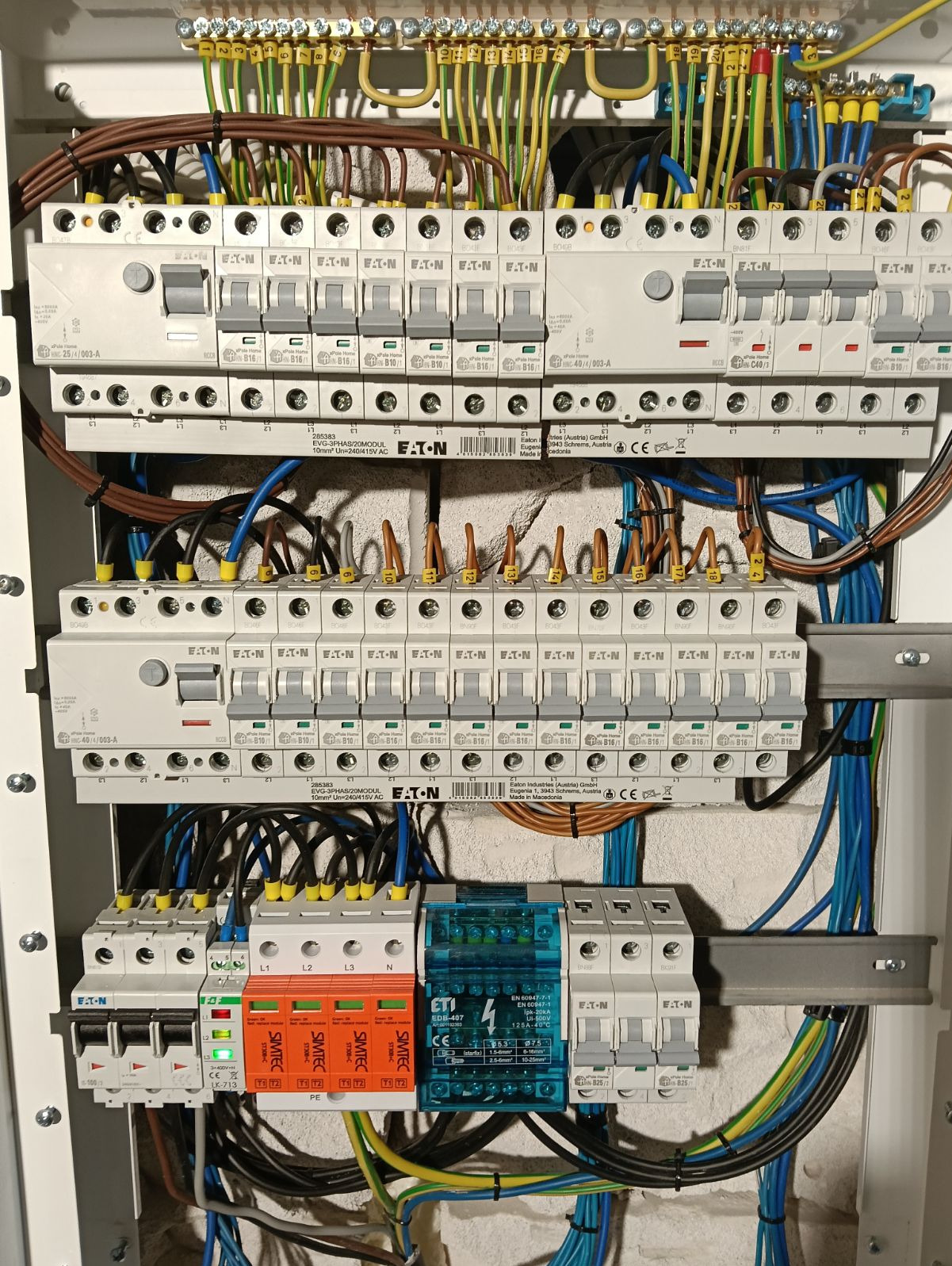 Rozdzielnica elektryczna z zainstalowanymi bezpiecznikami EATON, ogranicznikami przepięć SIMTEC w kolorach pomarańczowym i czerwonym oraz modułami ETI w obudowach turkusowych, widoczne okablowanie...