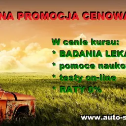 Wiosenna promocja cenowa szkoły jazdy: badania lekarskie, pomoce naukowe, testy on-line i raty 0%, rustykalny samochód na tle pola i zachodzącego słońca