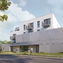 Wizualizacja budynku wielorodzinnego z balkonami, wykonana w minimalistycznym stylu z elementami betonu architektonicznego, z osobami spacerującymi przed budynkiem.