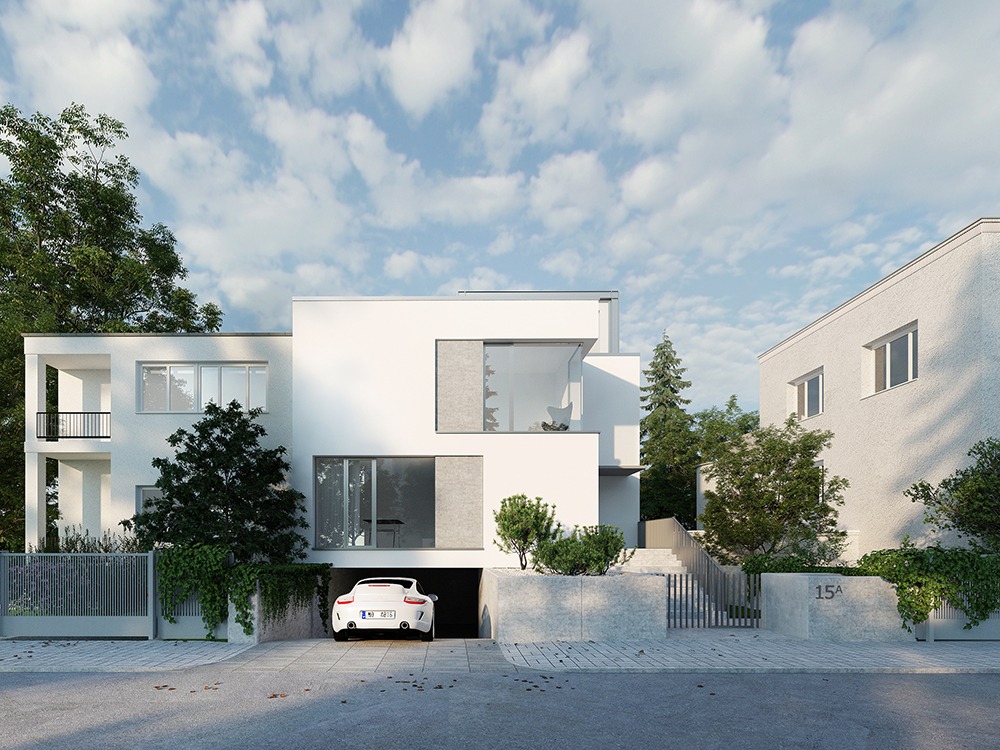 Nowoczesny, biały dom z garażem, w którym stoi białe Porsche. Minimalistyczna architektura, zieleń i błękitne niebo w tle. Numer domu 15A.