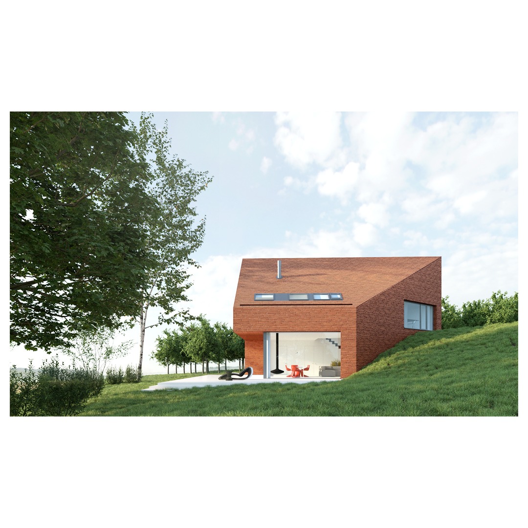 Projekt domu jednorodzinnego w Warszawie. Budynek z cegły klinkierowej, nowoczesna bryła, duże przeszklenia, otoczenie zieleni. Wizualizacja architektoniczna.