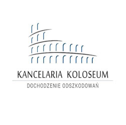 Logo kancelarii prawnej 'Koloseum' z motywem architektonicznym Koloseum w kolorze niebieskim i hasłem 'Dochodzenie Odszkodowań' pod nazwą.