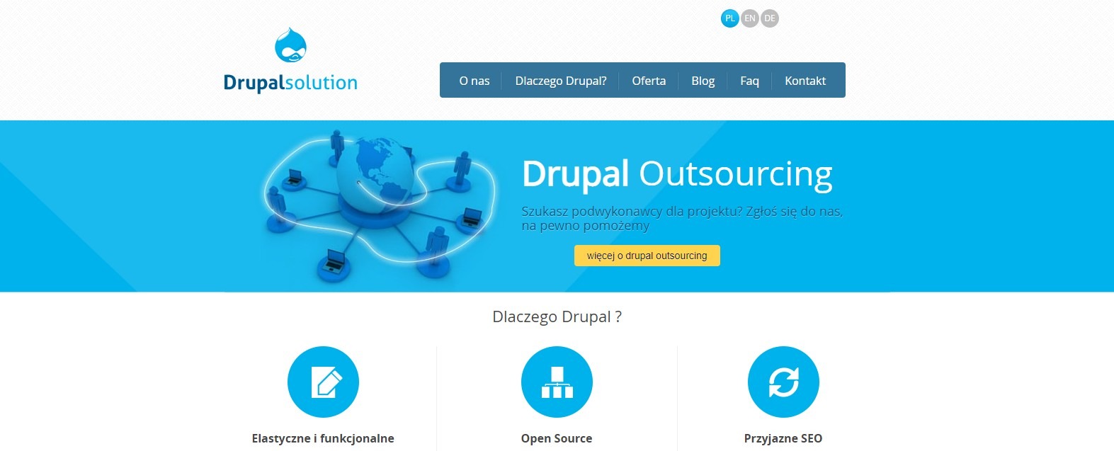 Strona internetowa z nagłówkiem 'Drupal Outsourcing', ilustracją globalnej sieci i linkiem 'więcej o drupal outsourcing'.