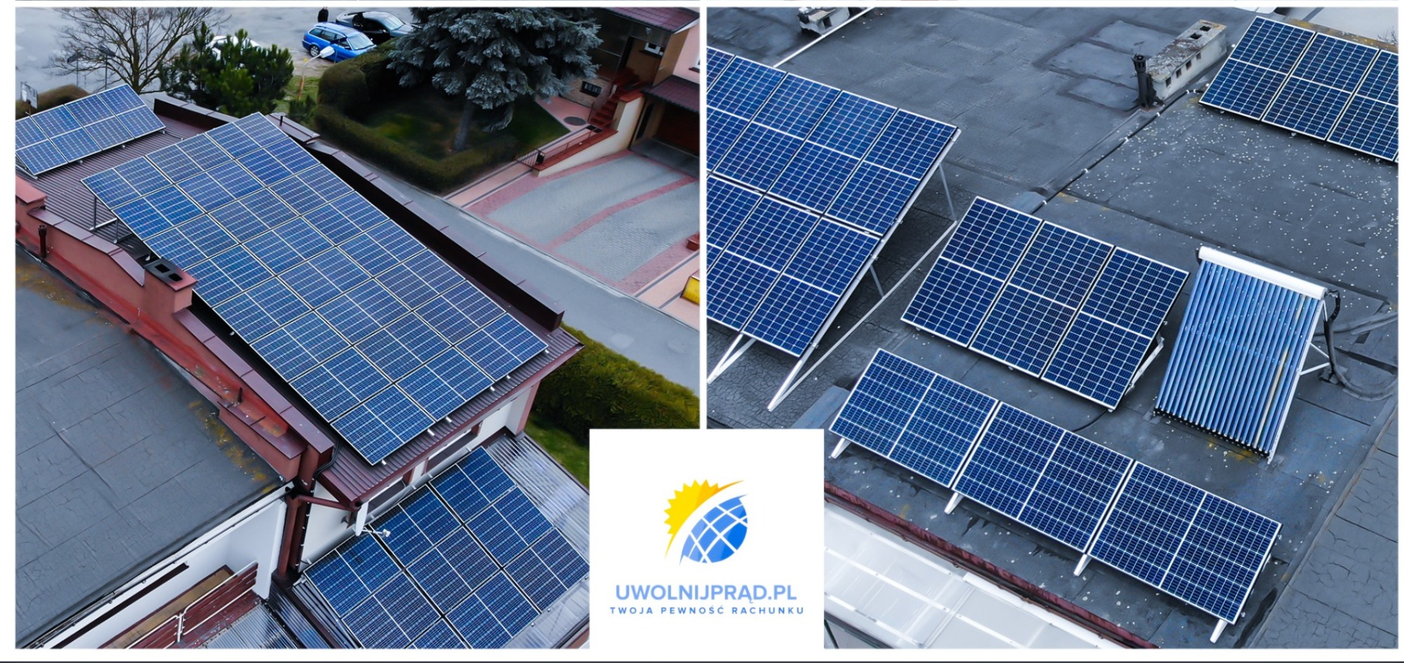 Widok z góry na instalację fotowoltaiczną na dachu budynku mieszkalnego i przemysłowego, obok logo firmy 'Uwolnij Prąd'