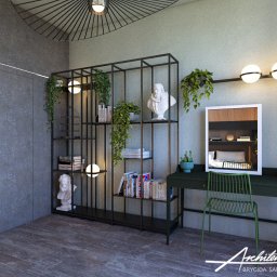 Architekt Brygida Sapkowska - Wizualizacja sypialni w domu jednorodzinnym: metalowy regał z książkami, rzeźbą i roślinami pnącymi, biurko z lustrem, zielone krzesło i lampy kuliste na ścianie.