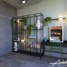 Wizualizacja sypialni w domu jednorodzinnym: metalowy regał z książkami, rzeźbą i roślinami pnącymi, biurko z lustrem, zielone krzesło i lampy kuliste na ścianie.