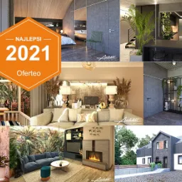 Kompilacja wizualizacji wnętrz i elewacji nagrodzonych przez Oferteo w 2021 roku, prezentująca różnorodne style: pokój dziecięcy z motywem pirackim, sypialnia z minimalistycznym wystrojem, salon...