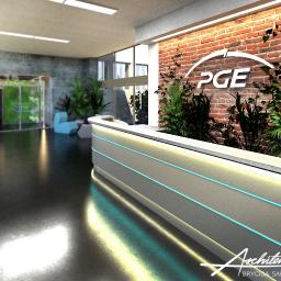 Architekt Brygida Sapkowska - Wizualizacja recepcji w biurze z logo PGE na ceglanej ścianie, roślinami i nowoczesną ladą z niebieskimi akcentami.