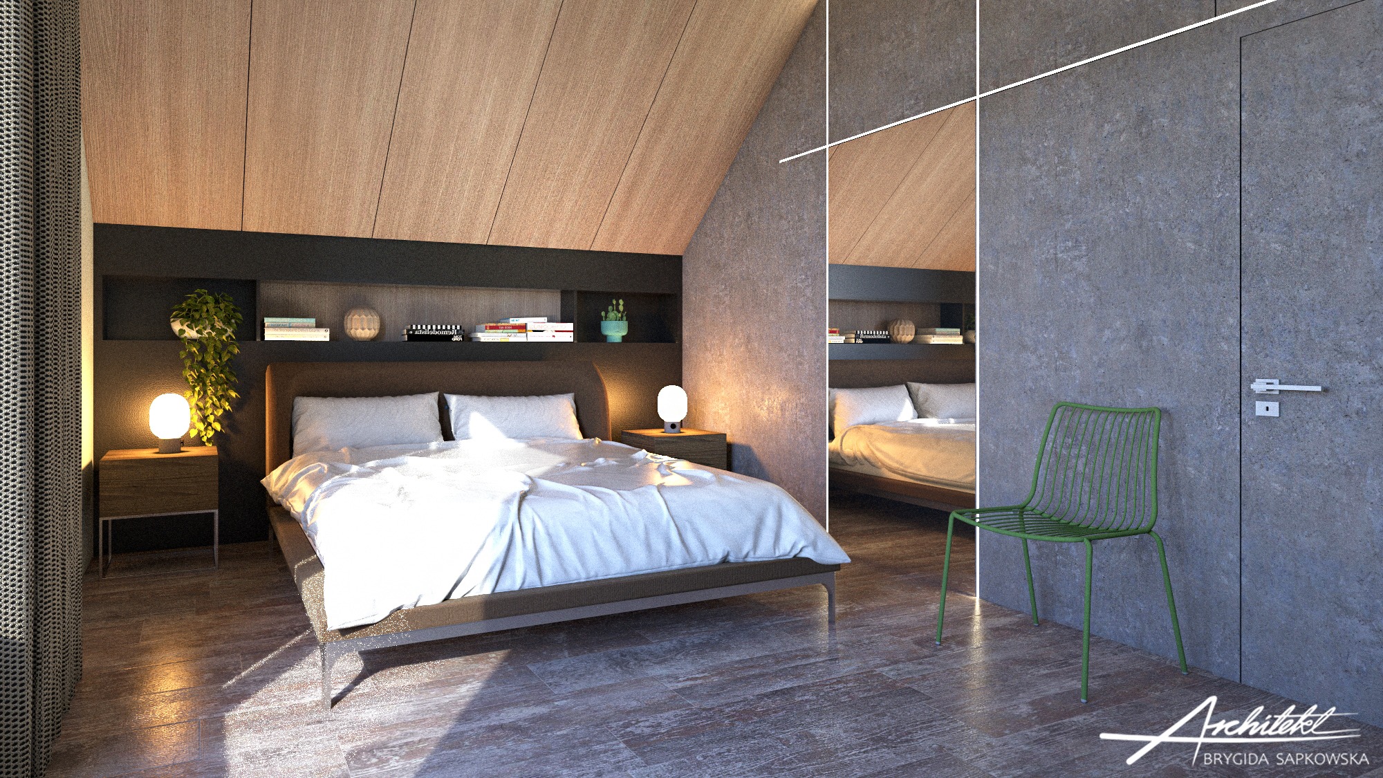 Sypialnia w domu jednorodzinnym z drewnianym skośnym sufitem, łóżkiem z białą pościelą, półkami nad wezgłowiem, lampkami nocnymi i zielonym krzesłem na drewnianej podłodze.