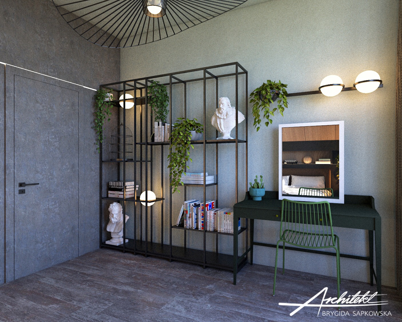 Wizualizacja sypialni w domu jednorodzinnym: metalowy regał z książkami, rzeźbą i roślinami pnącymi, biurko z lustrem, zielone krzesło i lampy kuliste na ścianie.