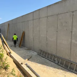 Wysoki, surowy mur oporowy z betonu, z widocznymi pionowymi podziałami. Pracownik w oddali, drabina i drewniane elementy wzdłuż ściany. Słoneczny dzień.