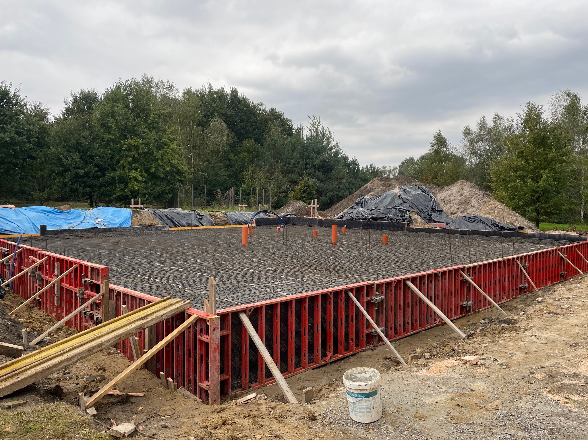 Przygotowany szalunek zbrojony pod płytę fundamentową na działce budowlanej, widoczne czerwone elementy szalunku, siatka zbrojeniowa oraz wystające rury kanalizacyjne, w tle drzewa i hałda ziemi.