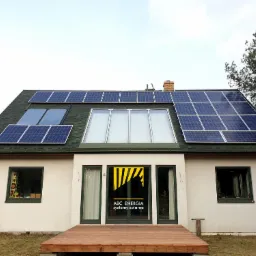 Dom jednorodzinny z panelami słonecznymi na dachu pokrytym zieloną dachówką bitumiczną, widoczne okna dachowe i logo firmy na drzwiach balkonowych.