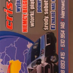 Wizytówka firmy transportowej z mapą Europy, informacją o kierunkach wyjazdów (Niemcy, Belgia, Holandia) oraz numerami telefonów do rezerwacji i kierowcy.