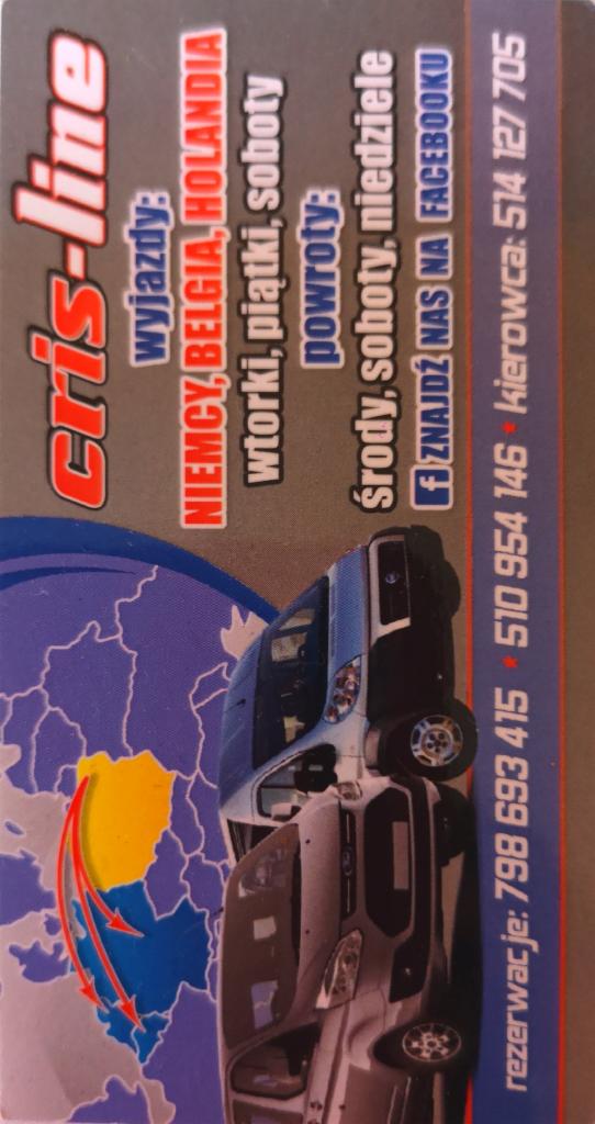 Wizytówka firmy transportowej z mapą Europy, informacją o kierunkach wyjazdów (Niemcy, Belgia, Holandia) oraz numerami telefonów do rezerwacji i kierowcy.