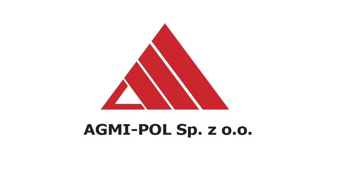 Logo firmy AGMI-POL Sp. z o.o. przedstawiające czerwony trójkąt z trzema ukośnymi liniami wewnątrz, na białym tle.