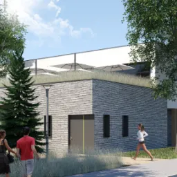 Wizualizacja budynku rekreacyjnego WakePark z zielonym dachem, parasolami na dachu, elewacją z szarej cegły, otoczonego drzewami i trawami ozdobnymi, z sylwetkami spacerujących i biegających osób.