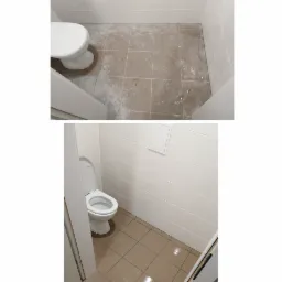 Dwa ujęcia tej samej toalety: na górnym zdjęciu brudna podłoga z pozostałościami po remoncie, na dolnym zdjęciu czysta, umyta podłoga z połyskiem po sprzątaniu.