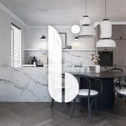 Nowoczesna kuchnia z marmurowym blatem, okrągłym stołem z czarnymi krzesłami i wiszącymi lampami w stylu skandynawskim.