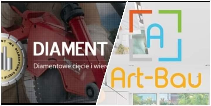 Kompozycja dwóch obrazów: z lewej czerwona piła diamentowa z napisem 'DIAMENT' i hasłem 'Diamentowe cięcie i wiercenie', z prawej logo firmy 'Art-Bau' na tle okna.