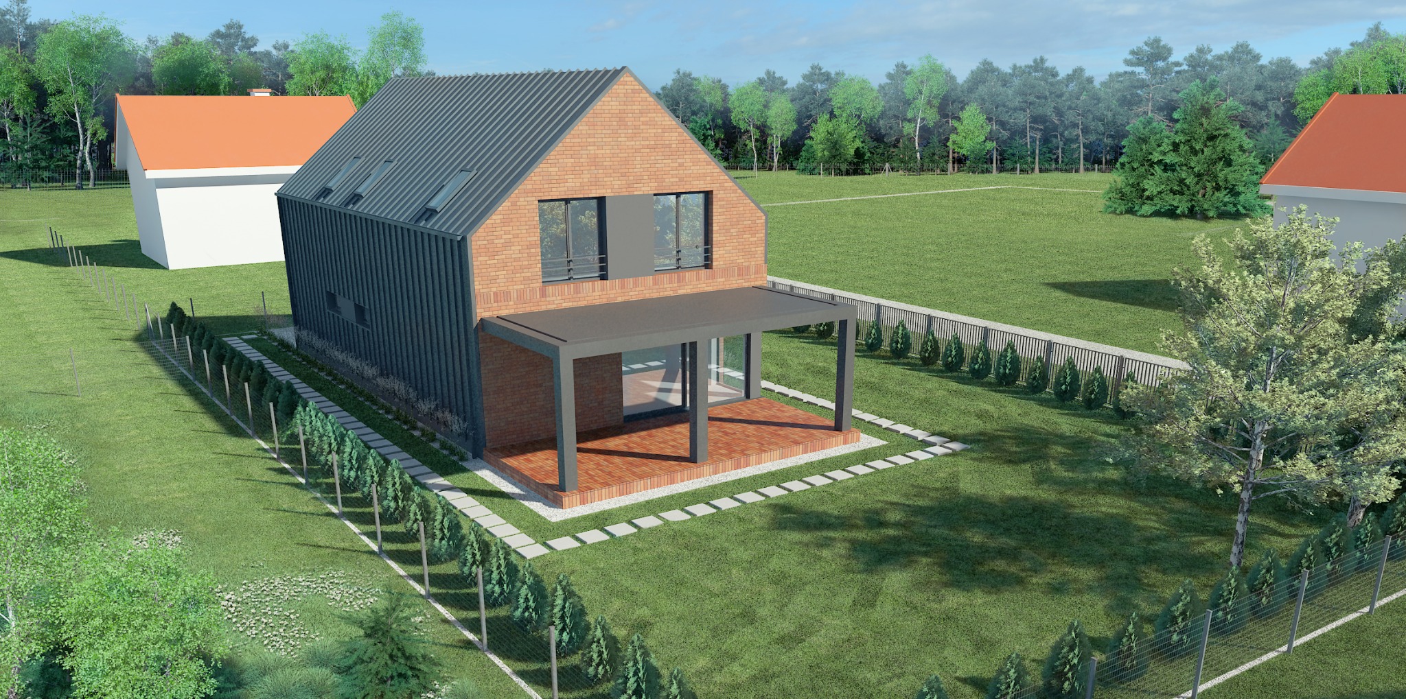 Wizualizacja dwukondygnacyjnego domu jednorodzinnego z ceglaną elewacją i metalową okładziną, zadaszony taras z drewnianą podłogą, otoczony trawnikiem i ogrodzeniem z tujami.