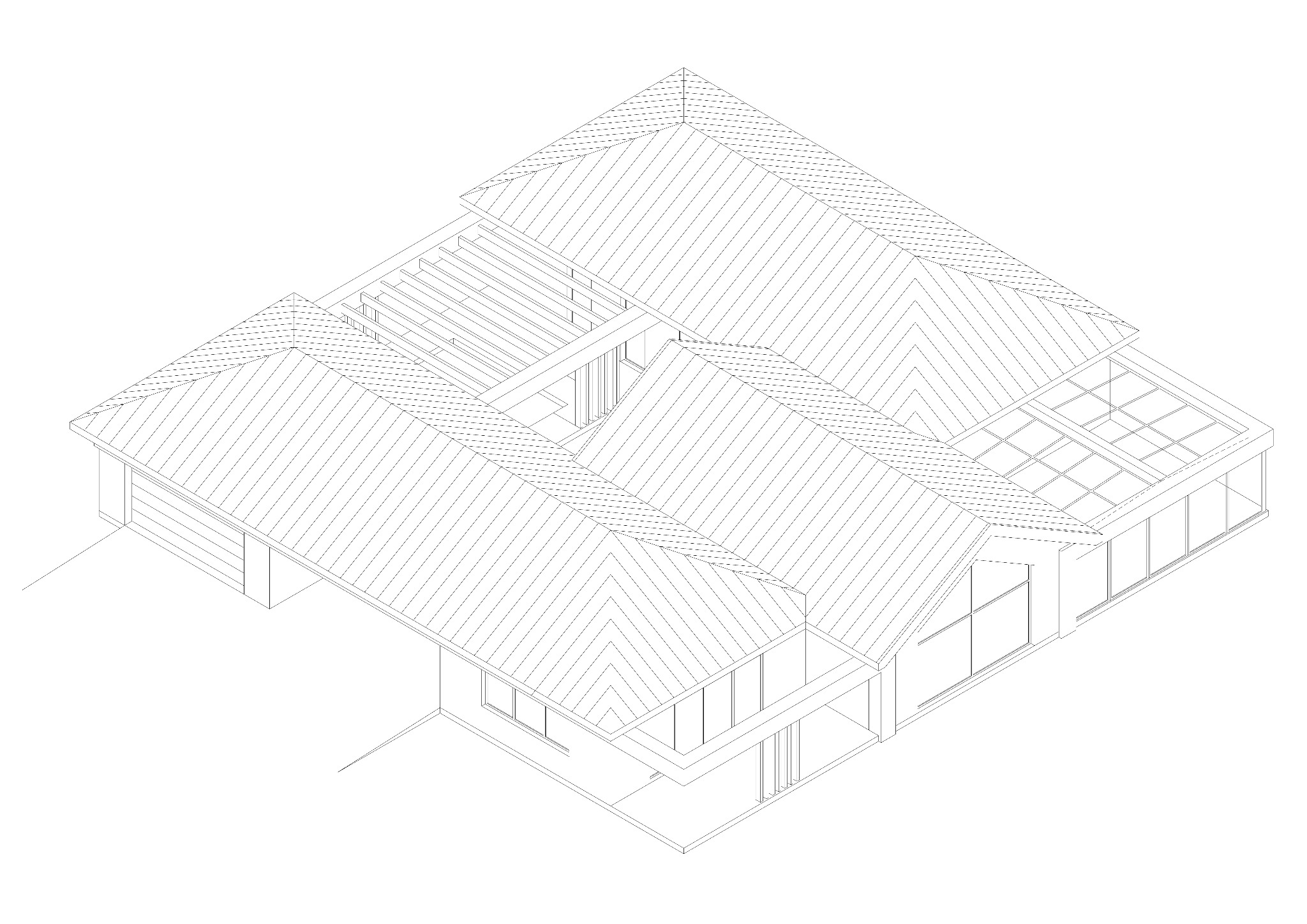 Szkic techniczny domu jednorodzinnego z garażem i przeszkloną werandą, widok z góry w rzucie izometrycznym, ukazujący konstrukcję dachu i rozmieszczenie okien.